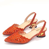 Peep Toe Rhinestones Chunky Heels Slingback Sandals Pumps - Orange Synthetic