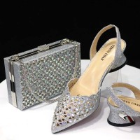 Peep Toe Rhinestones Chunky Heels Slingback Sandals Pumps with Bag  - Silver Synthetic