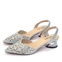 Peep Toe Rhinestones Chunky Heels Slingback Sandals Pumps - Silver Synthetic