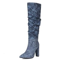 Pointed Toe Plaited Design Elegant Knee Highs Slip On Chunky Heels Boots - Blue Fabric