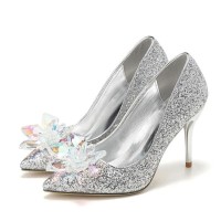 Pointed Toe Stiletto Heels Rhinestones Glitters Cinderella Wedding Pumps - Silver