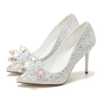 Pointed Toe Stiletto Heels Rhinestones Glitters Cinderella Wedding Pumps - White