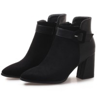 Pointed Toe Chunky Heels Ankle Buckle Straps Ankle High Warm Season Suede Zipper Booties  - Black
