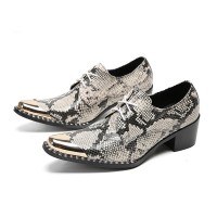 Metal Pointed Toe Python Pattern Leather Lace Up Chelsea Loafers - Beige