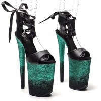 Peep Toe Stiletto Heels Glitters Platform Multicolor Satin Lacing Sandals - Black Green Faux Leather