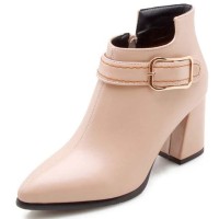 Pointed Toe Chunky Heels Ankle Buckle Straps Ankle High Warm Season Zipper Booties  - Beige