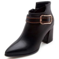 Pointed Toe Chunky Heels Ankle Buckle Straps Ankle High Warm Season Zipper Booties  - Black
