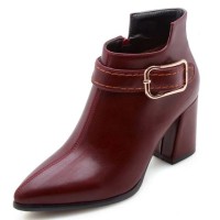 Pointed Toe Chunky Heels Ankle Buckle Straps Ankle High Warm Season Zipper Booties  - Wine Red