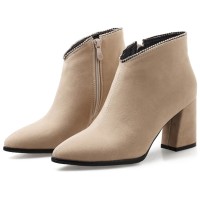 Pointed Toe Chunky Heels Ankle High Rhinestones Side Zipper Booties  - Beige
