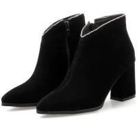 Pointed Toe Chunky Heels Ankle High Rhinestones Side Zipper Booties  - Black