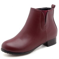 Round Toe Chunky Low Heels Ankle High Chelsea Autumn Booties  - Wine Red