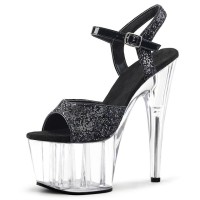 Peep Toe Transparent Stiletto Heels Bling Sequined Cloth Ankle Buckle Straps Platforms Pumps - Black