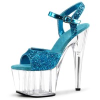 Peep Toe Transparent Stiletto Heels Bling Sequined Cloth Ankle Buckle Straps Platforms Pumps - Light Blue