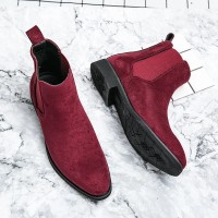 Round Toe Chunky Low Heels Ankle High Chelsea Autumn Booties  - Wine Red