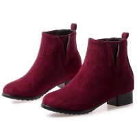 Round Toe Chunky Low Heels Ankle High Chelsea Autumn Booties  - Wine Red