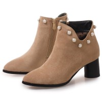 Pointed Toe Chunky Heels Ankle High Faux Pearls Side Zipper Booties - Apricot Tan