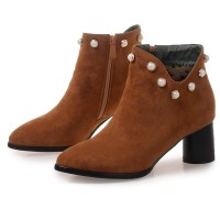 Pointed Toe Chunky Heels Ankle High Faux Pearls Side Zipper Booties - Yellow