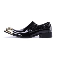 Pointed Metal Lion Toe Patent Leather Chelsea Loafers - Black