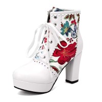 Round Toe Block Heels Printed Platforms Lace Up Flowers Ankle Highs Boots - White Red Faux Leather