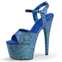 Peep Toe Shiny Stiletto Heels Sequin Bling Ankle Buckle Straps Platforms Pumps - Blue