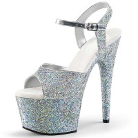 Peep Toe Shiny Stiletto Heels Sequin Bling Ankle Buckle Straps Platforms Pumps - Silver
