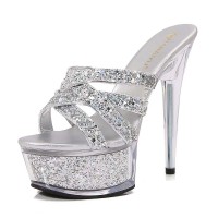 Peep Toe Stiletto Heels Crystal Glitters Transparent Platforms Sandals - Silver Sequined Cloth