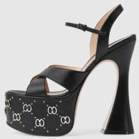 Peep Toe Cross Straps Platforms Rhinestones Ankle Buckle Straps Chunky Heels Sandals - Black