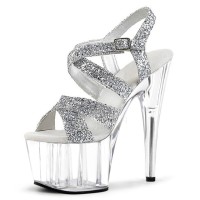 Peep Toe Stiletto Heels Patent Ankle Buckle Cross Straps Platforms Pumps - Silver
