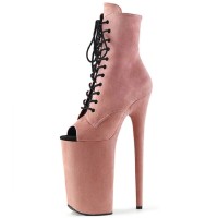 Peep Toe Stiletto Heels Black Lace Up Platforms Ankle Highs Boots - Pink