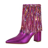 Pointed Toe Chunky Heels Fringe Rhinestones Blings Ankle High Zipper Western Boots - Fuchsia