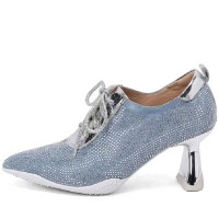 Pointed Toe Thick Heels Shiny Beads with Lace Up Loafers Pumps - Blue