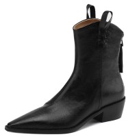Pointed Toe Chunky Heels Ankle High Vintage Motorcycle Zipper Booties - Black