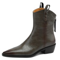 Pointed Toe Chunky Heels Ankle High Vintage Motorcycle Zipper Booties - Gray