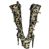 Round Toe Stiletto Heels Over The Knees Thigh High Camouflage Booties - Green Canvas