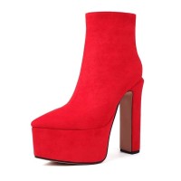 Pointed Toe Platforms Chunky Heels Ankle Highs Booties - Red Flock