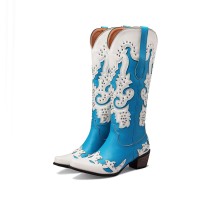Pointed Toe Chunky Heels Slip On Cowboy Western Knee High Boots - Blue