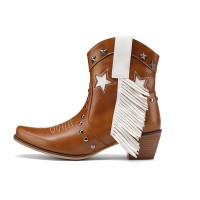 Pointed Toe Chunky Heels Western Cowboy Style Side Zipper Fringer Star Nail Decor Boots - Brown