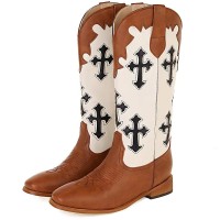Round Toe Knee Highs Cross Decorated Flat Western Cowboy Boots - Auburn