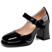 Round Toe Chunky Heels Mary Janes Buckle Straps Pumps - Black