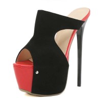 Peep Toe Super High Stiletto Heels Nightclub Platforms Sandals - Black Red Faux Leather - Size 7 SPECIAL