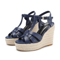 Peep Toe Hemb Rope Platforms Ankle Buckle T Straps Summer Wedges Sandals - Blue Leather