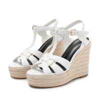 Peep Toe Hemb Rope Platforms Ankle Buckle T Straps Summer Wedges Sandals - White Leather