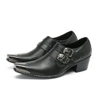 Metal Pointed Toe Flame Skull Buckle Straps Gothic Punk Chunky Heels Leather Loafers - Black
