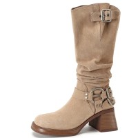 Round Toe Chunky Heels O Ring Buckle Straps Motorcycle Rider Punk Knee High Boots - Camel