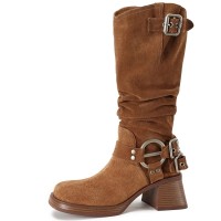 Round Toe Chunky Heels O Ring Buckle Straps Motorcycle Rider Punk Knee High Boots - Caramel
