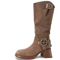 Round Toe Chunky Heels O Ring Buckle Straps Motorcycle Rider Punk Knee High Boots - Khaki