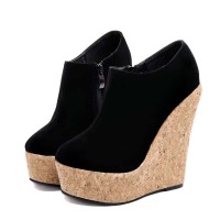 Round Toe Cork Side Zipper Platforms Wedges Pumps - Black Flock
