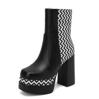 Square Toe Printed Stripe Ankle Highs Korean Style Chunky Heels Low Platforms Boots - Black Faux Leather
