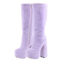 Round Toe Chunky Heels Fluffy Plush Platforms Knee Highs Side Zipper Boots - Purple