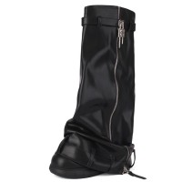 Round Toe Turned-over Edge Knee Highs Vegan Leather Platforms Wedges Party Boots - Black